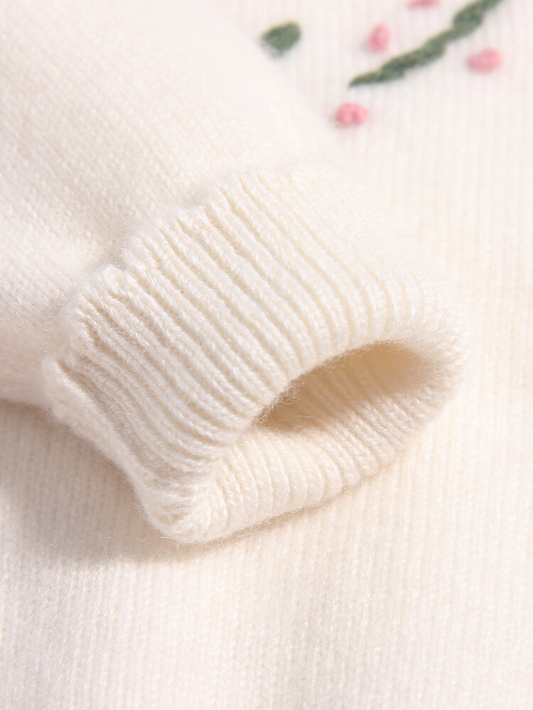 Girls Floral Heart Embroidered Ivory Cashmere Sweater